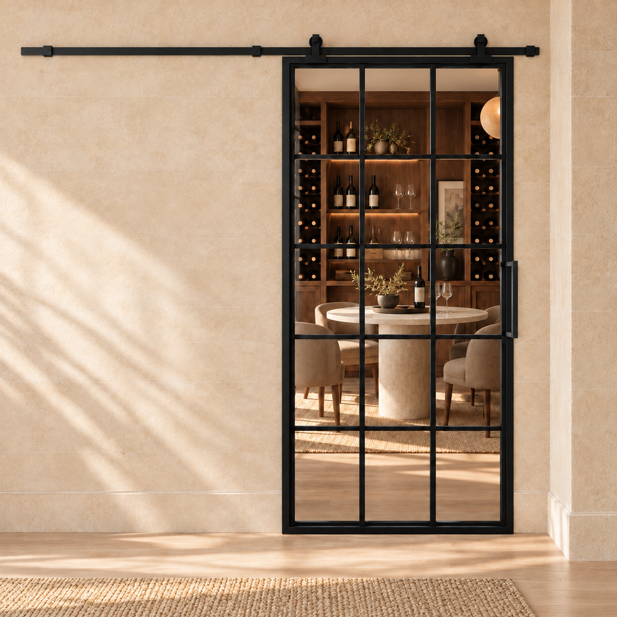 15 Lite interior steel barn door with included rectangular pull — wine