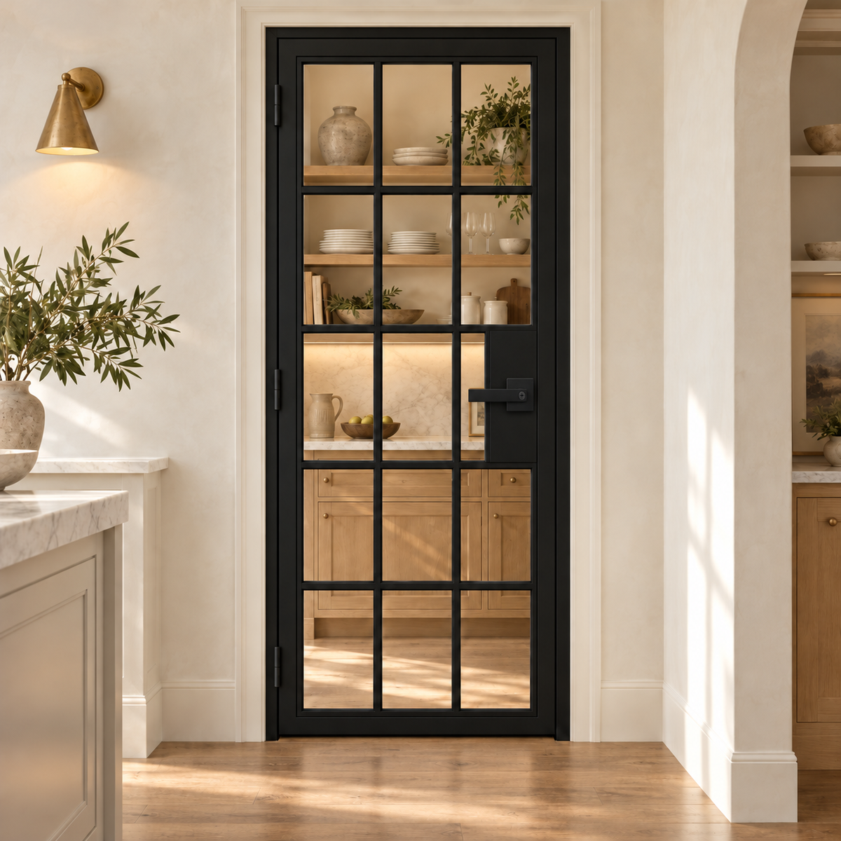 USABD 15 Lite single interior steel French door with included keyed lever lockset — pantry visualization