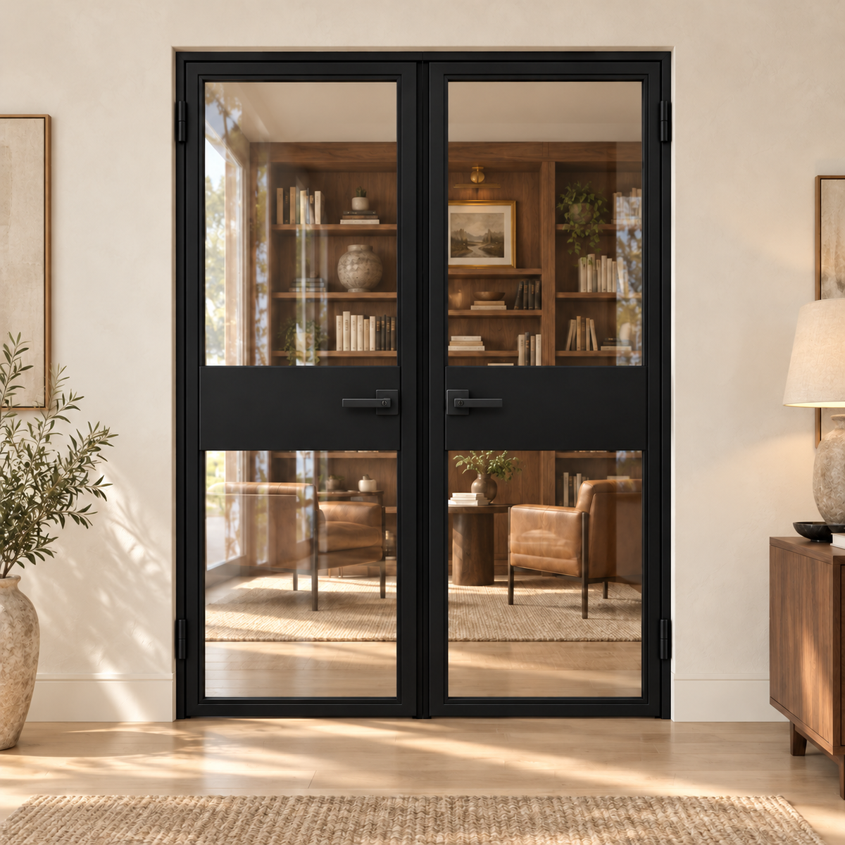 USABD 2 Lite Interior Steel Double Door with included matte-black lever hardware — library