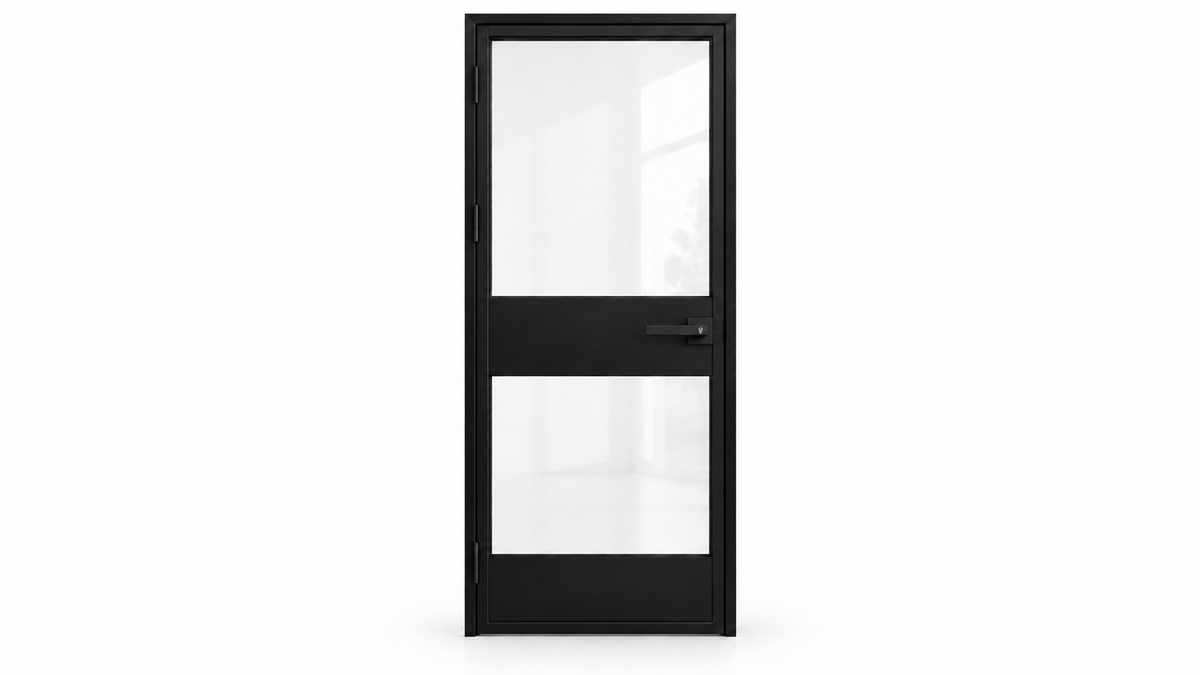 USABD 2 Lite Interior Steel Door with Kickboard — studio view with included lever lockset