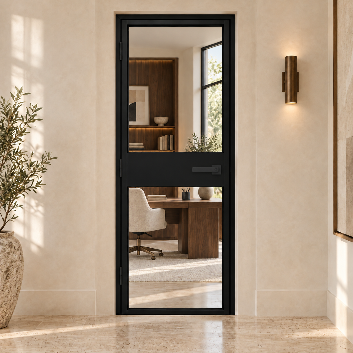 USABD 2 Lite Interior Steel Door with Midrail — office view with included lever lockset