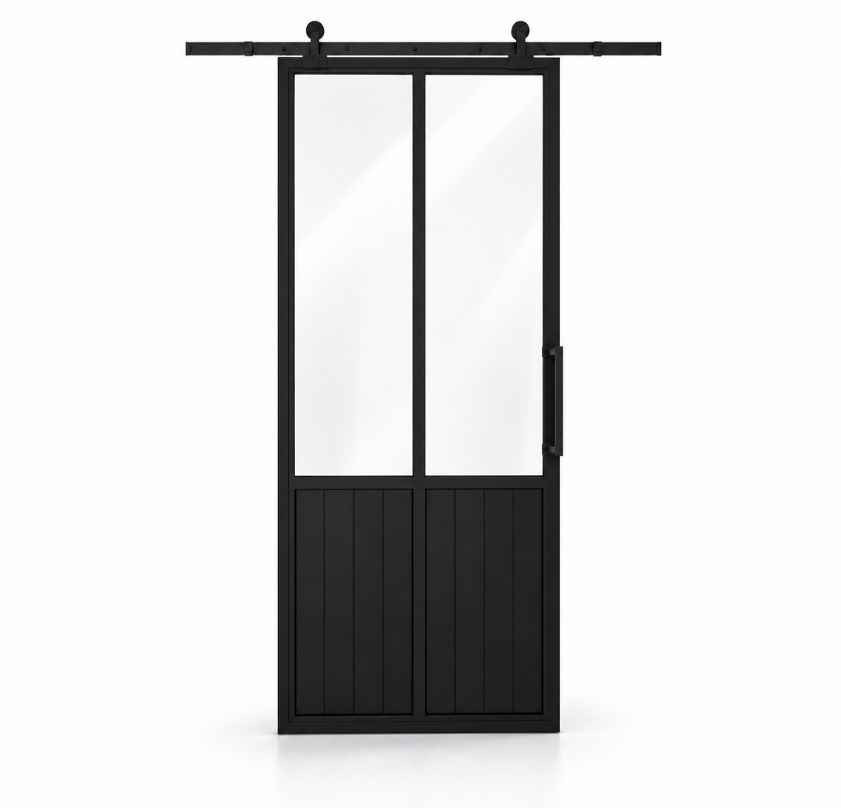 USABD 2 Lite Interior Steel Barn Door — studio view with included rectangular pull
