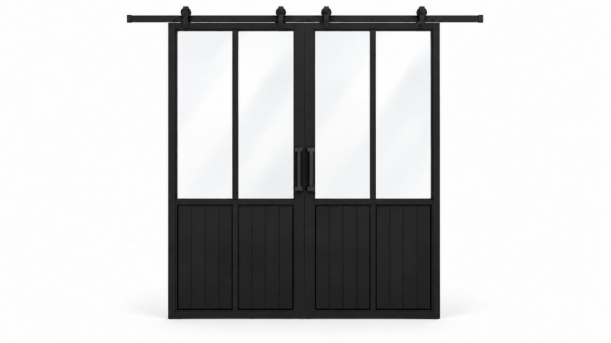 USABD 2 Lite Interior Steel Double Barn Door — studio view with included pulls