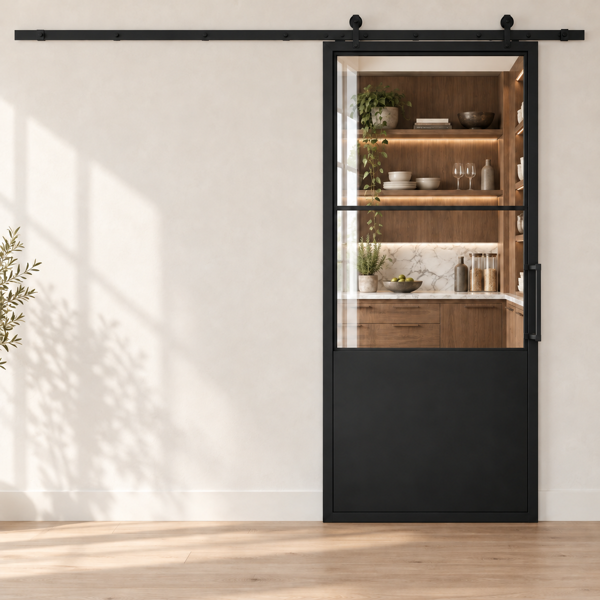 USABD 2 Lite Interior Barn Door with Steel Panel — pantry view with included rectangular pull