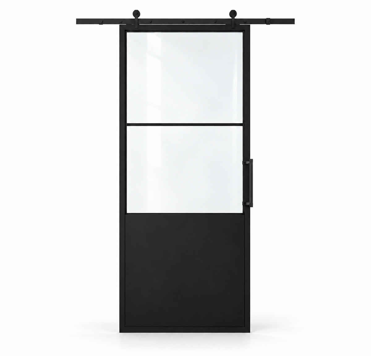 USABD 2 Lite Interior Barn Door with Steel Panel — studio view with included rectangular pull