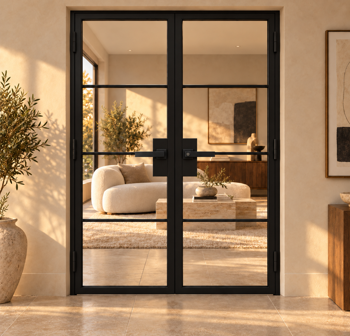4 Lite Interior Steel French Double Door with Horizontal Dividers and included matte black lever hardware — living room