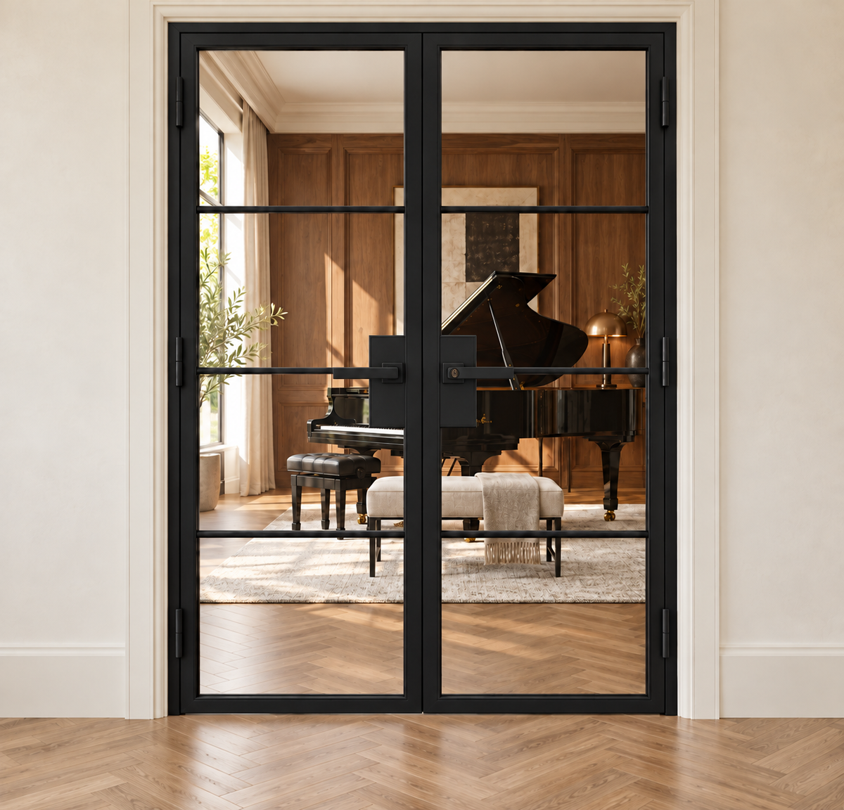 4 Lite Interior Steel French Double Door with Horizontal Dividers and included matte black lever hardware — music room