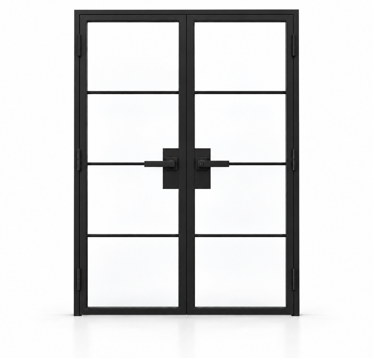 4 Lite Interior Steel French Double Door with Horizontal Dividers and included matte black lever hardware — white studio