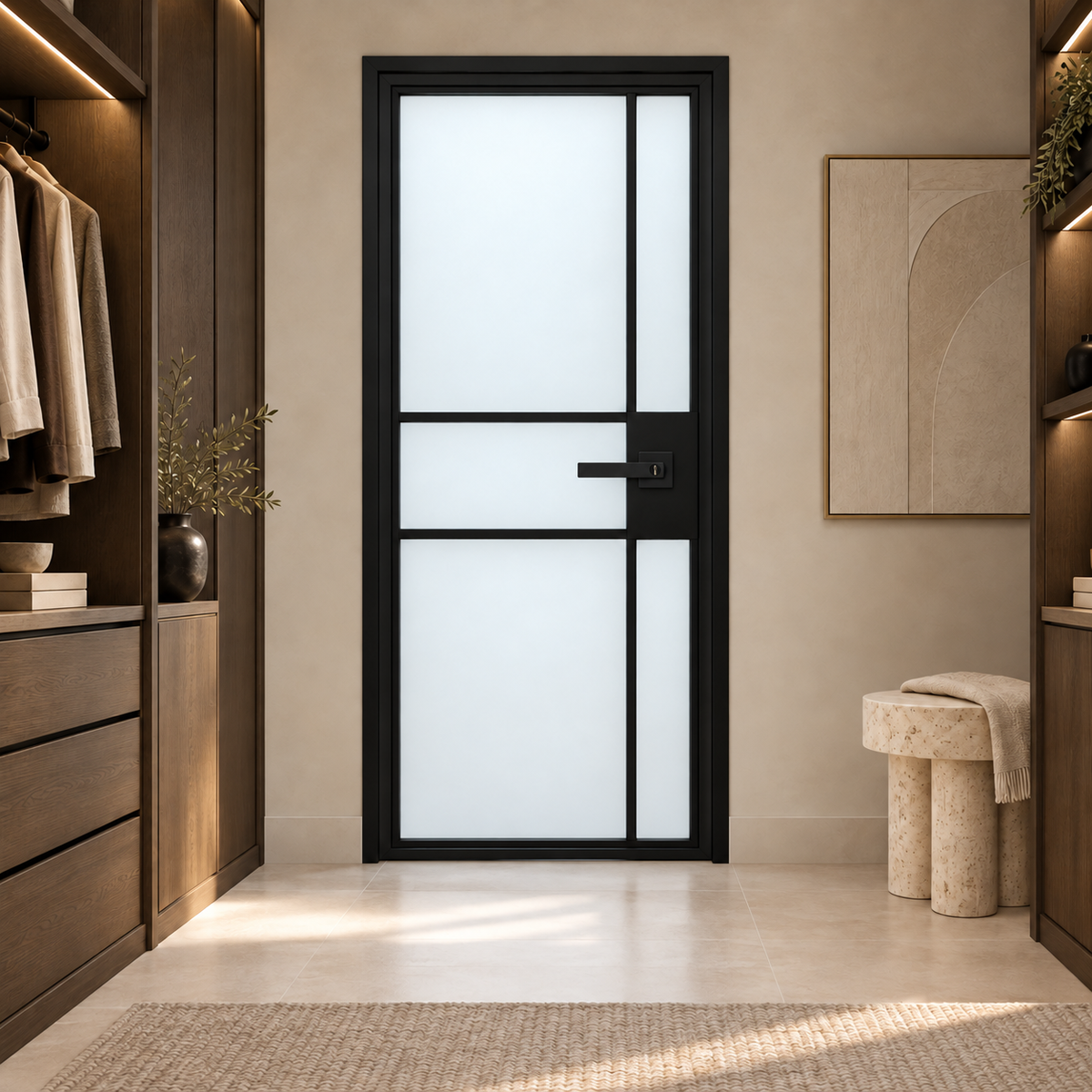 5 Lite Asymmetric Grid Interior Steel Door with Frosted Glass and included black lever — dressing