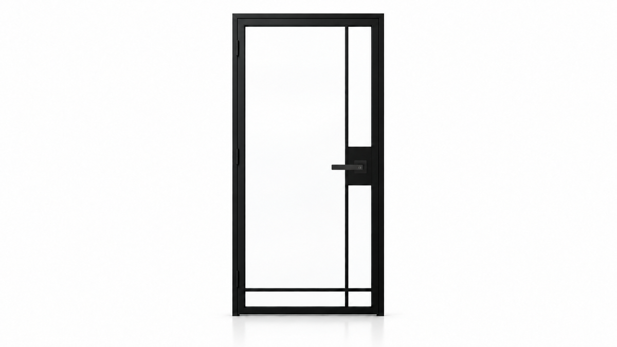 5 Lite Interior Steel Door with Offset Side and Bottom Dividers and included matte black lever — white studio