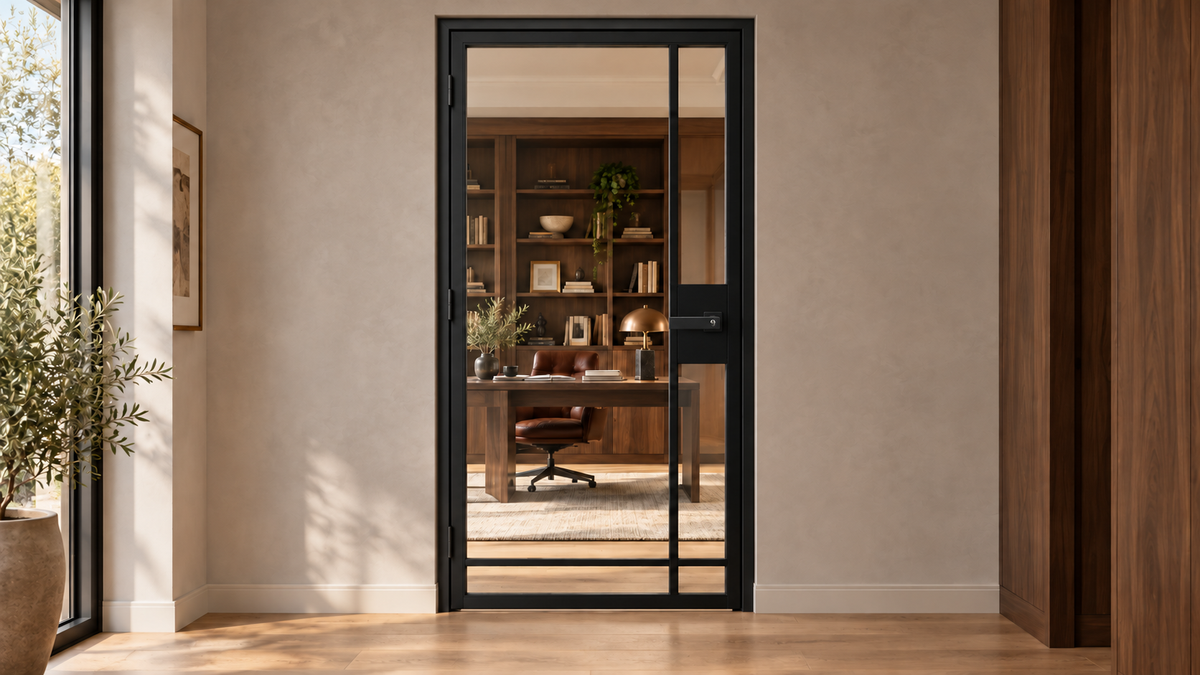 5 Lite Interior Steel Door with Offset Side and Bottom Dividers and included matte black lever — study