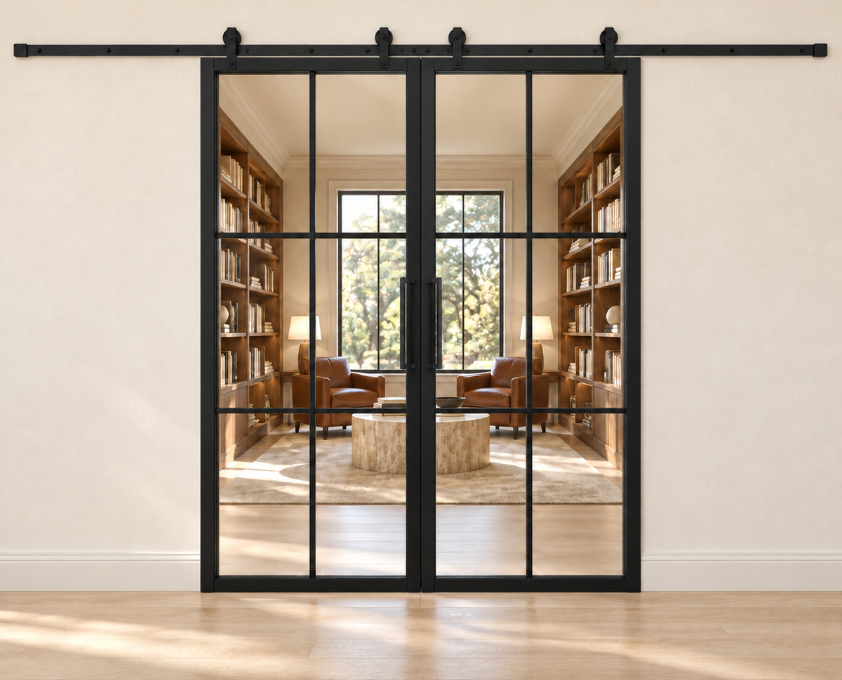 USABD 6 Lite Interior Double Barn Door with included rectangular pulls — library