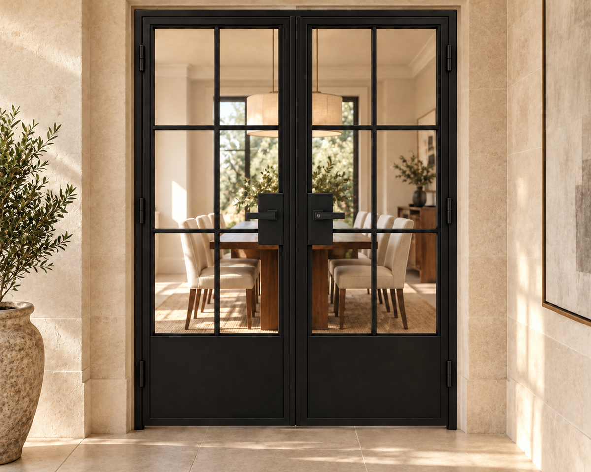 USABD 6 Lite double interior French door with solid bottom panels and included rectangular lever hardware — dining