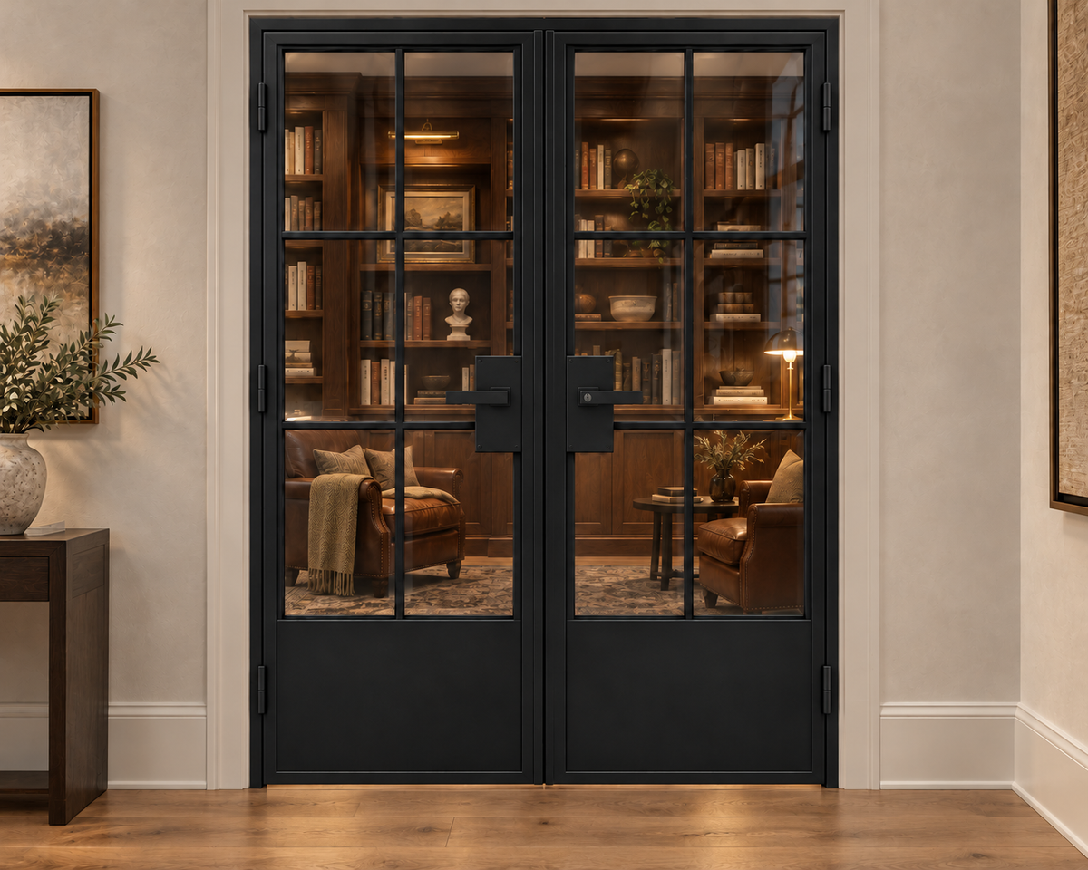USABD 6 Lite double interior French door with solid bottom panels and included rectangular lever hardware — library