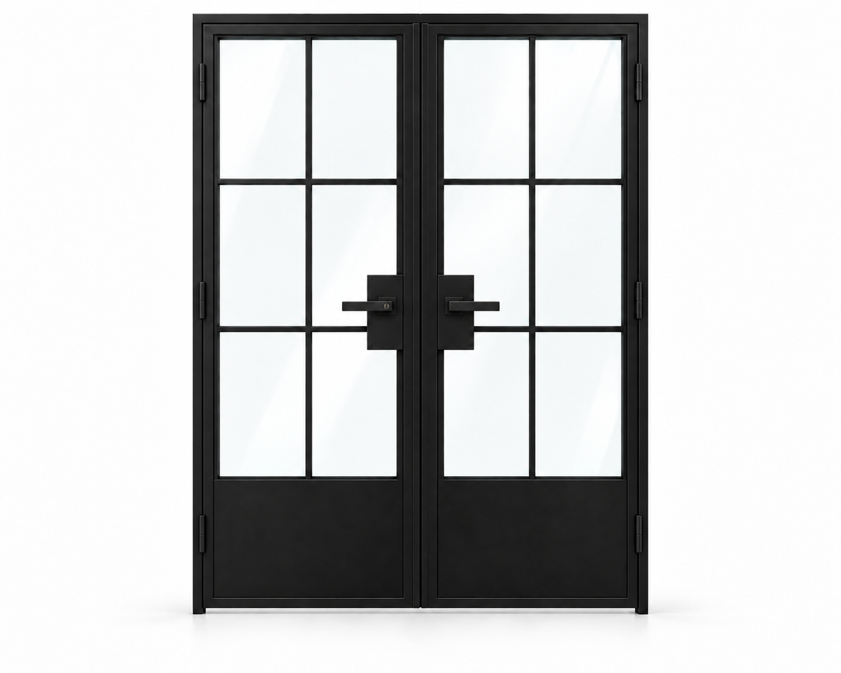 USABD 6 Lite double interior French door with solid bottom panels and included rectangular lever hardware — studio