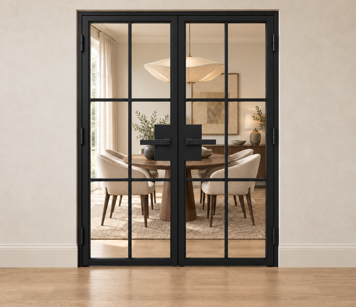 USABD 6 Lite full-height grid interior double French door with included rectangular lever hardware — dining