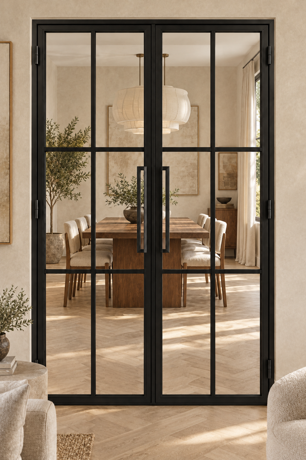 USABD 6 Lite interior double French door with included rectangular tall pulls — living