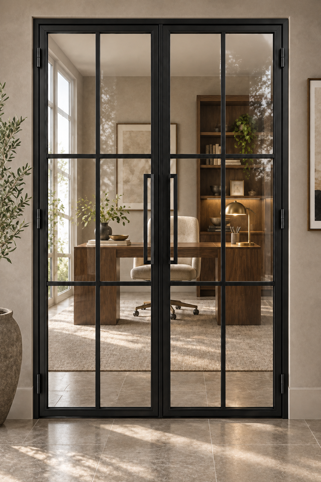 USABD 6 Lite interior double French door with included rectangular tall pulls — office