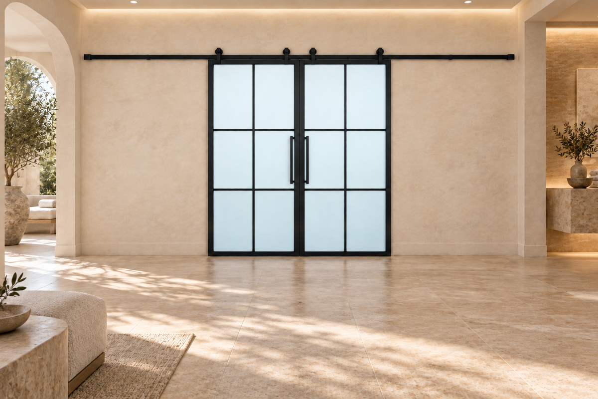 USABD frosted 6 Lite interior double barn door with included rectangular pulls — suite