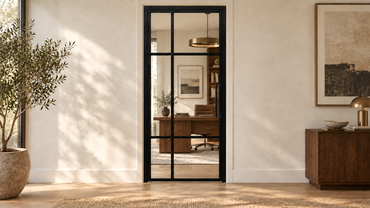 6 Lite offset-grid single interior steel door with included rectangular pull – office