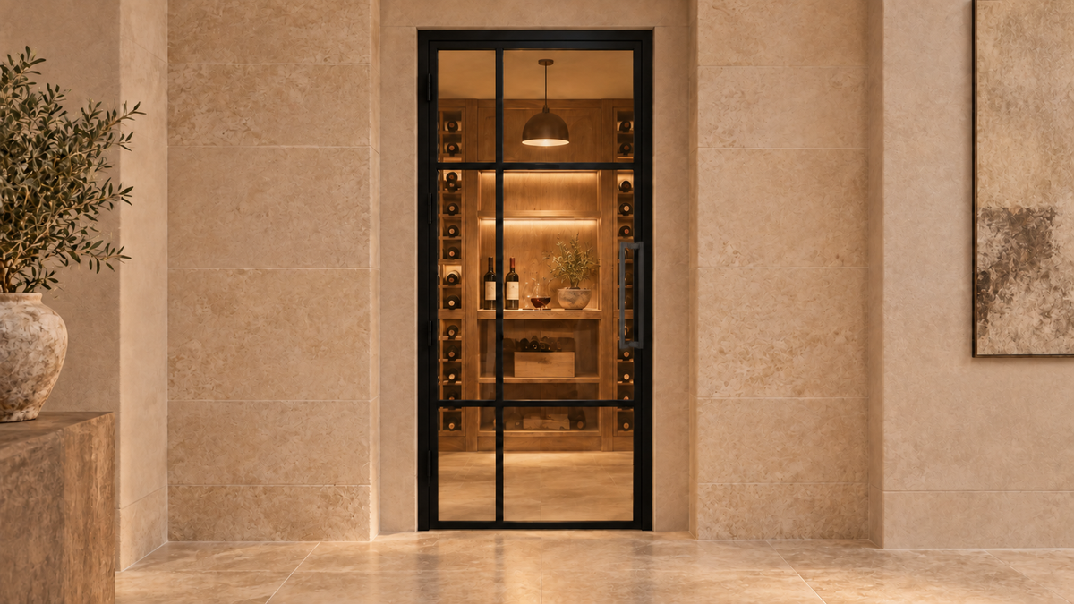 6 Lite offset-grid single interior steel door with included rectangular pull – wine