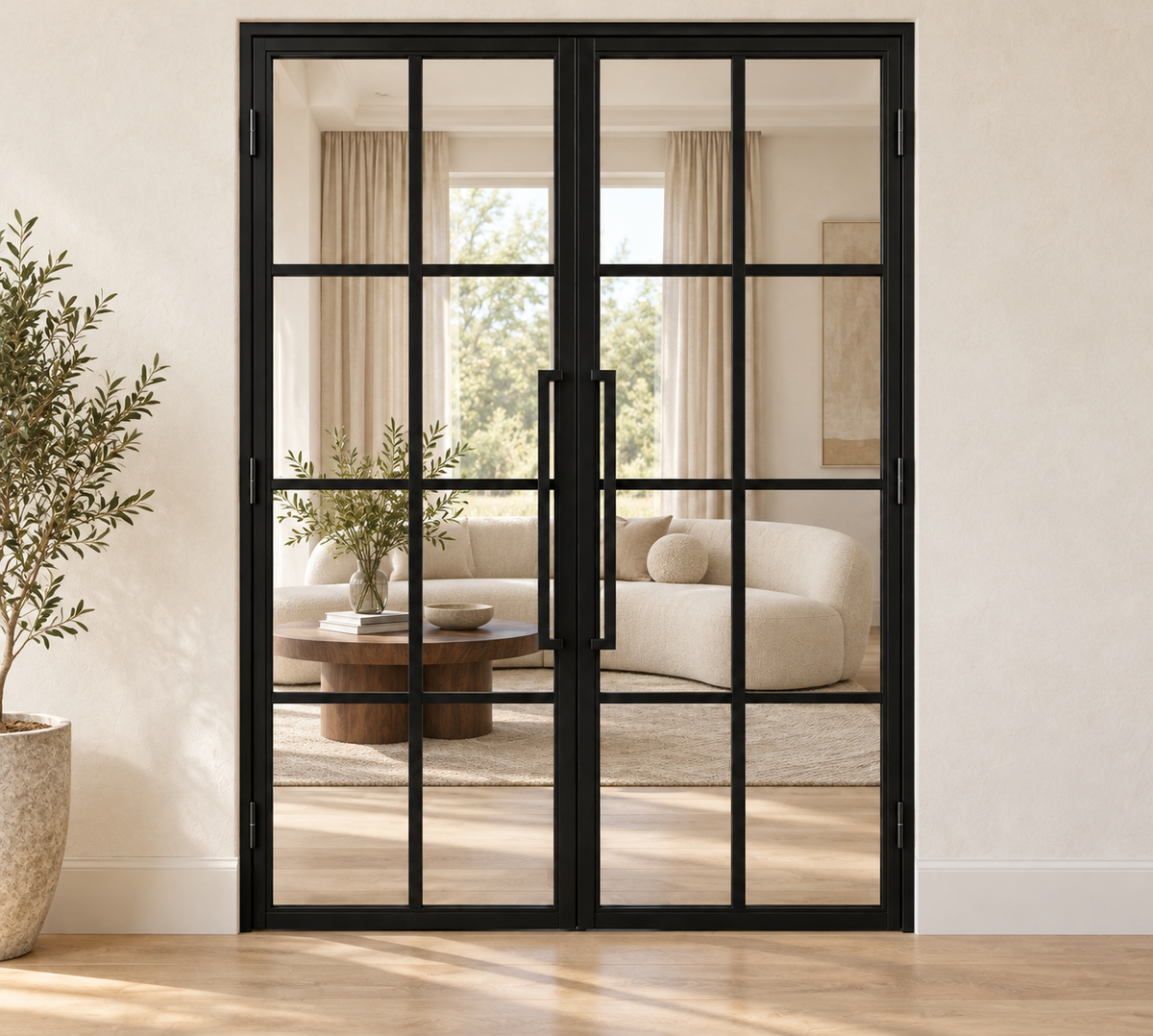 8 Lite double interior steel door with clear glass and included tall pulls — lounge