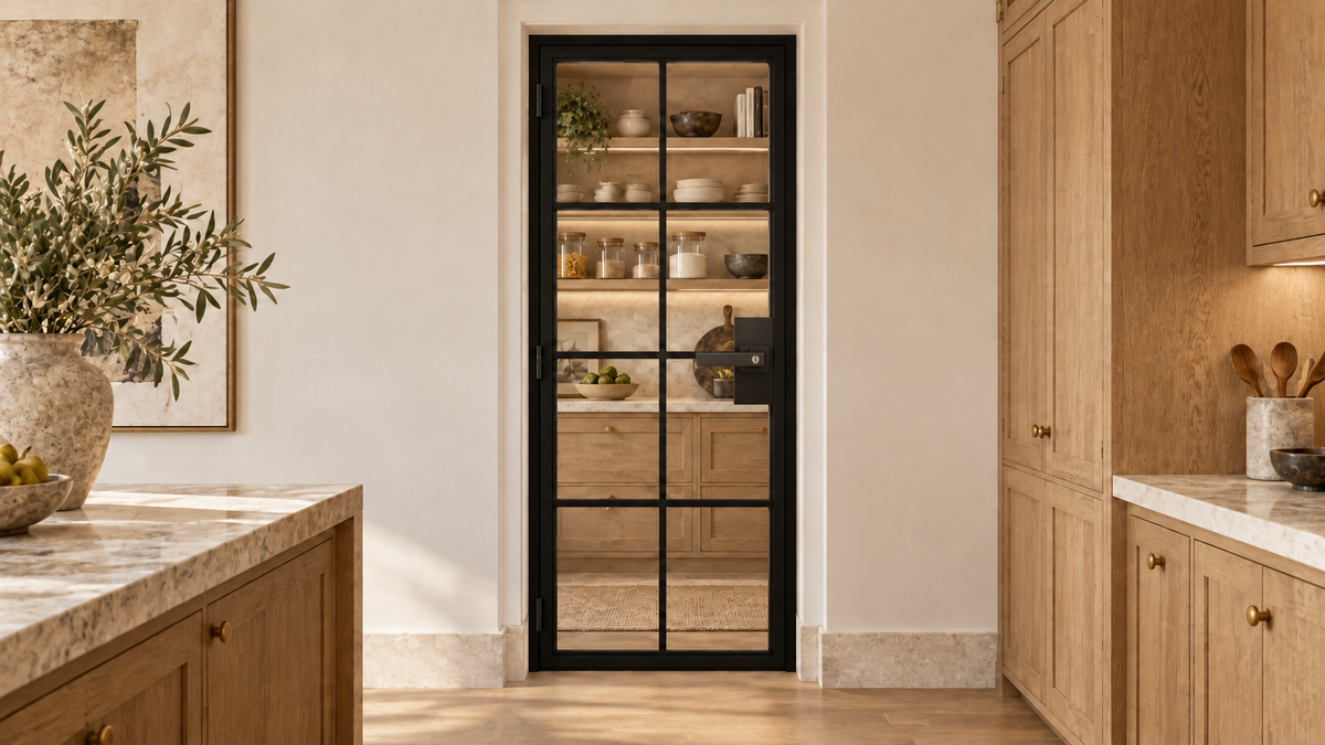 8 Lite single interior steel French door with included keyed lever – pantry