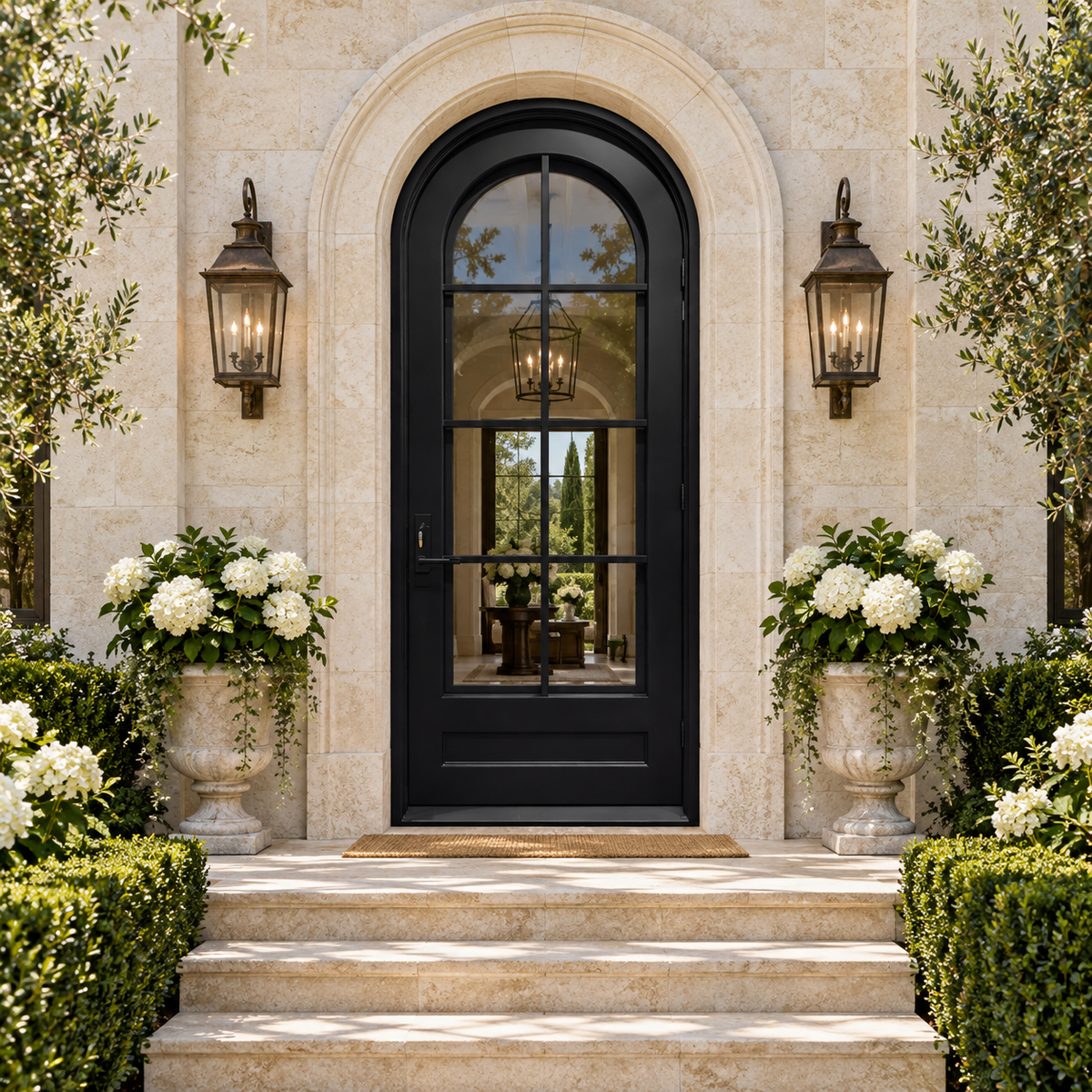 Arcelli Arched Single Iron French Door in a luxury estate setting — design visualization