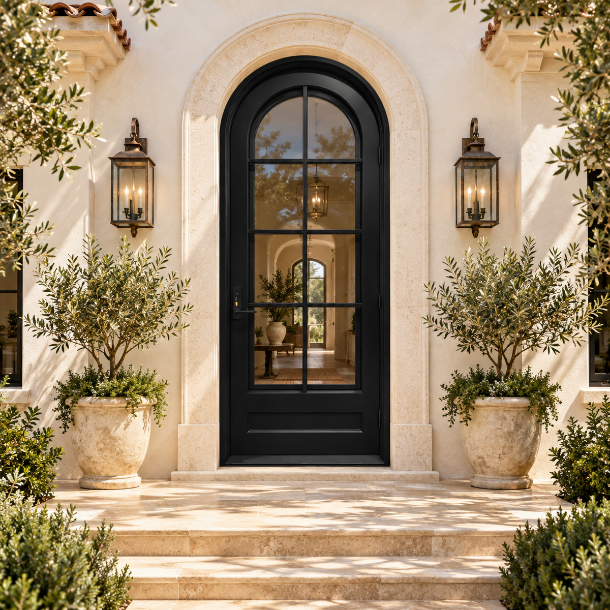 Arcelli Arched Single Iron French Door in a luxury villa setting — design visualization