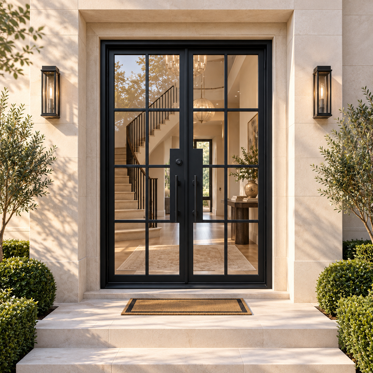 Ashbourne grid double iron French door in a luxury limestone setting — design visualization