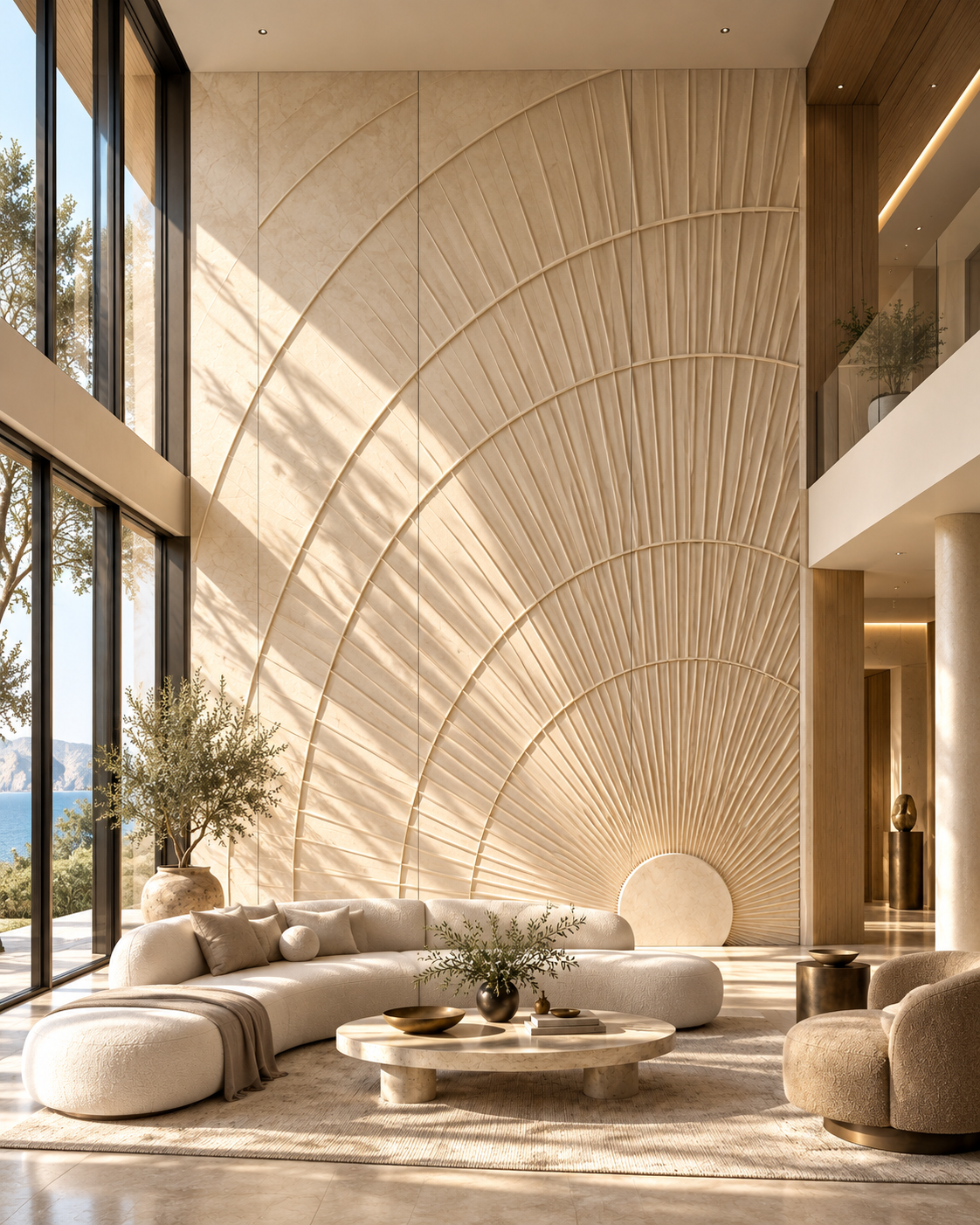 Aurelia custom wall panels — double-height living room design concept