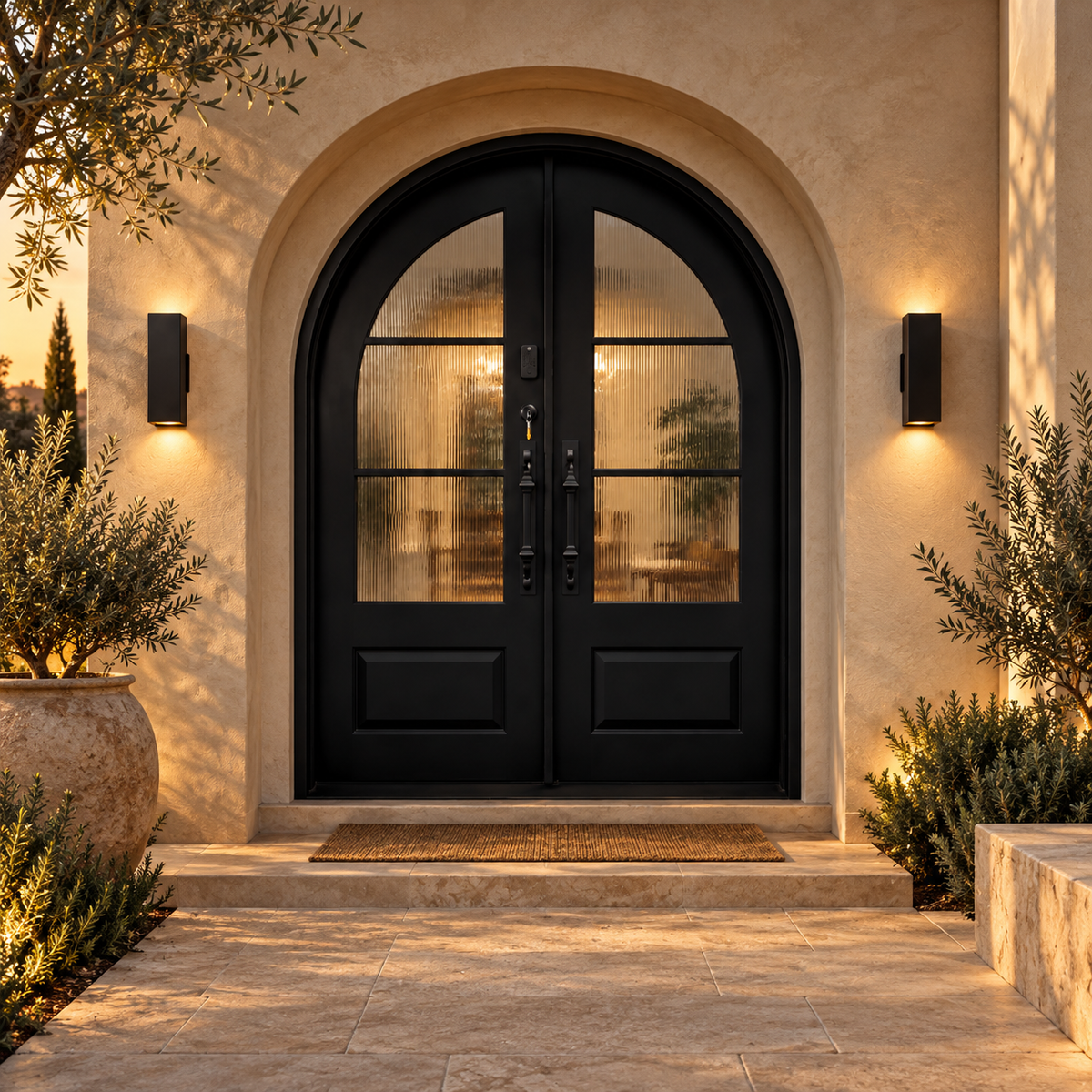 Bellavere arched double iron French door in a luxury courtyard setting — design visualization
