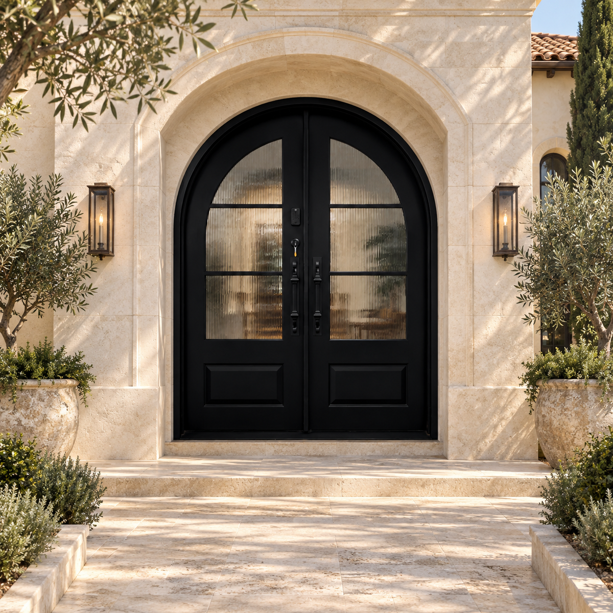 Bellavere arched double iron French door in a luxury villa setting — design visualization