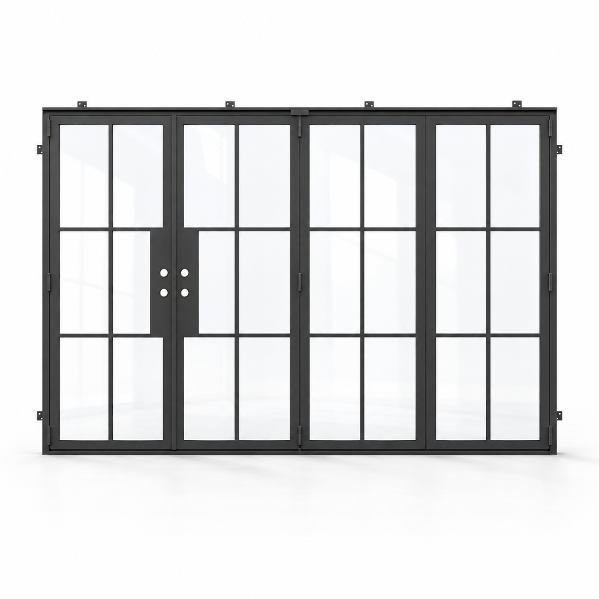 6-lite 3+1-panel black steel bifold door on white background — product visualization