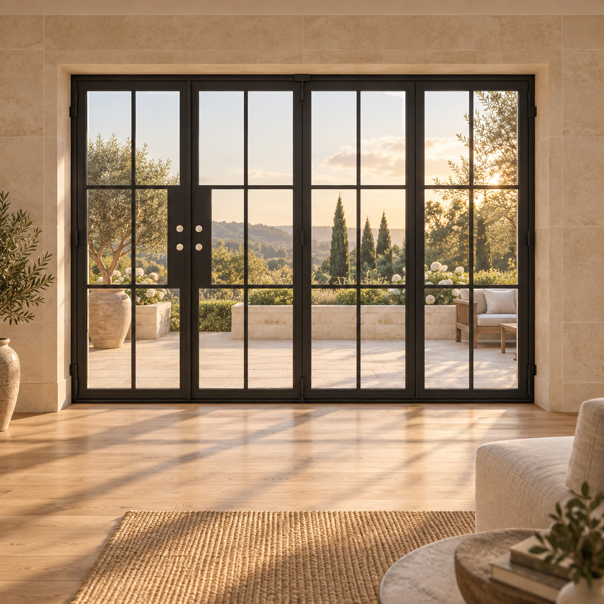 6-lite 3+1-panel black steel bifold door in a luxury living room overlooking a garden terrace — lifestyle visualization