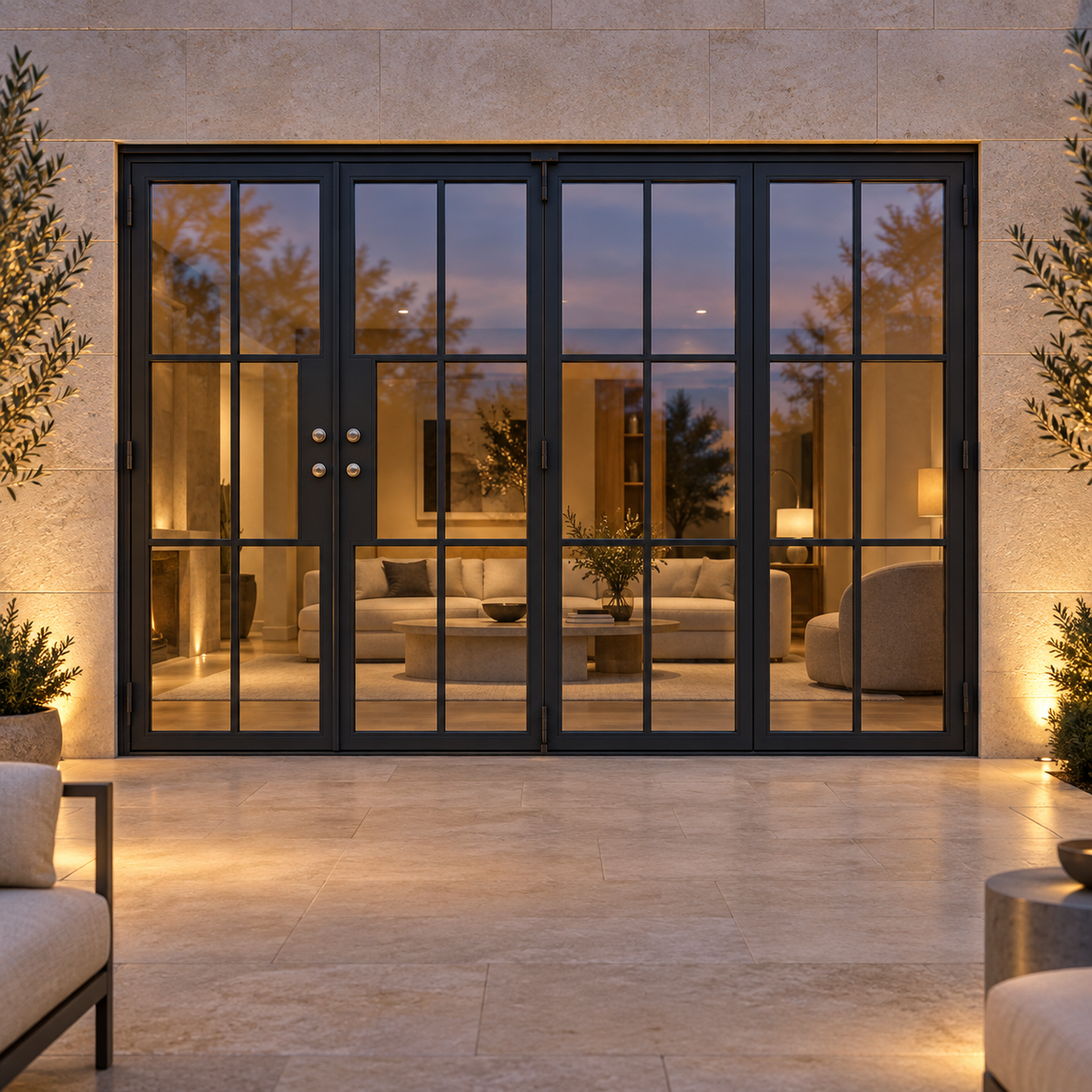 6-lite 3+1-panel black steel bifold door in a limestone facade with a warm interior at dusk — lifestyle visualization