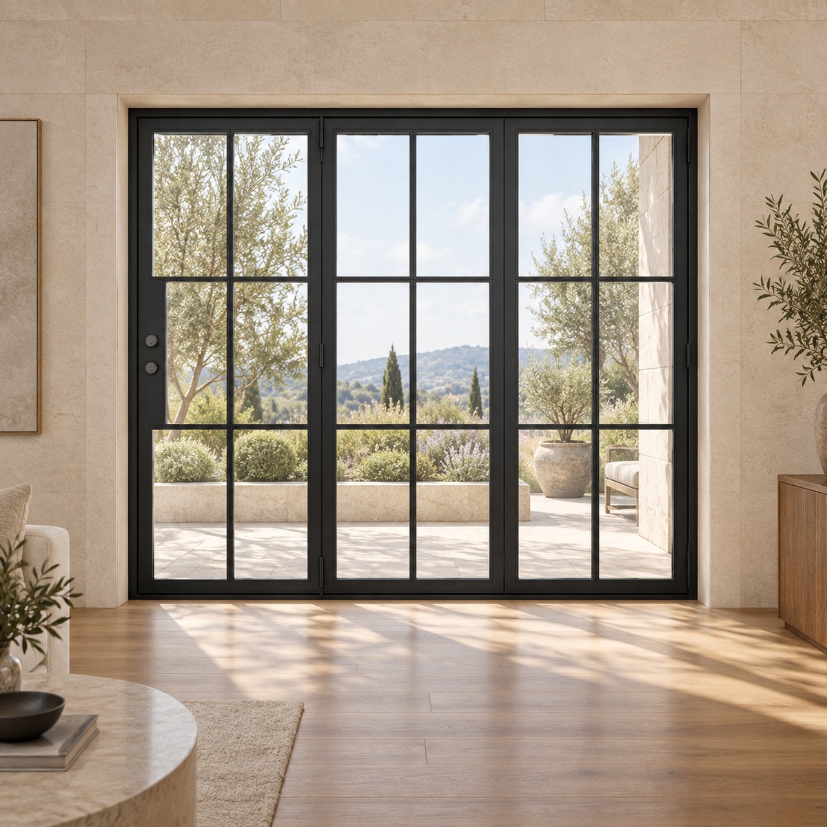 6-lite three-panel black steel bifold door in a limestone living room opening to a terrace — lifestyle visualization