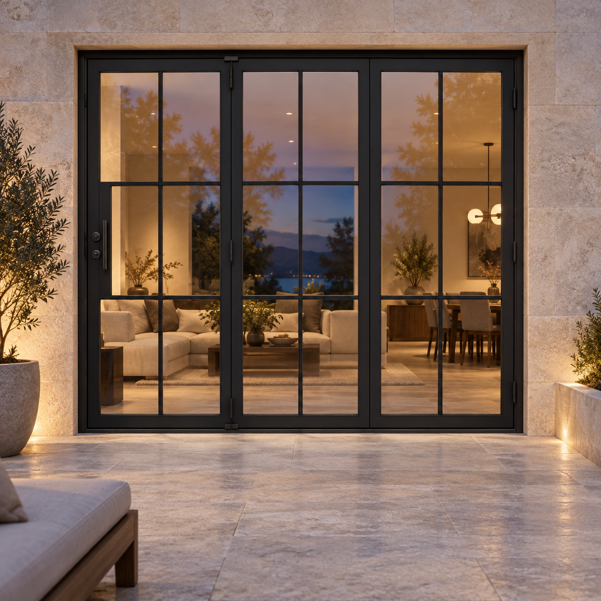 6-lite three-panel black steel bifold door at a limestone terrace with warm interior lighting at dusk — lifestyle visualization