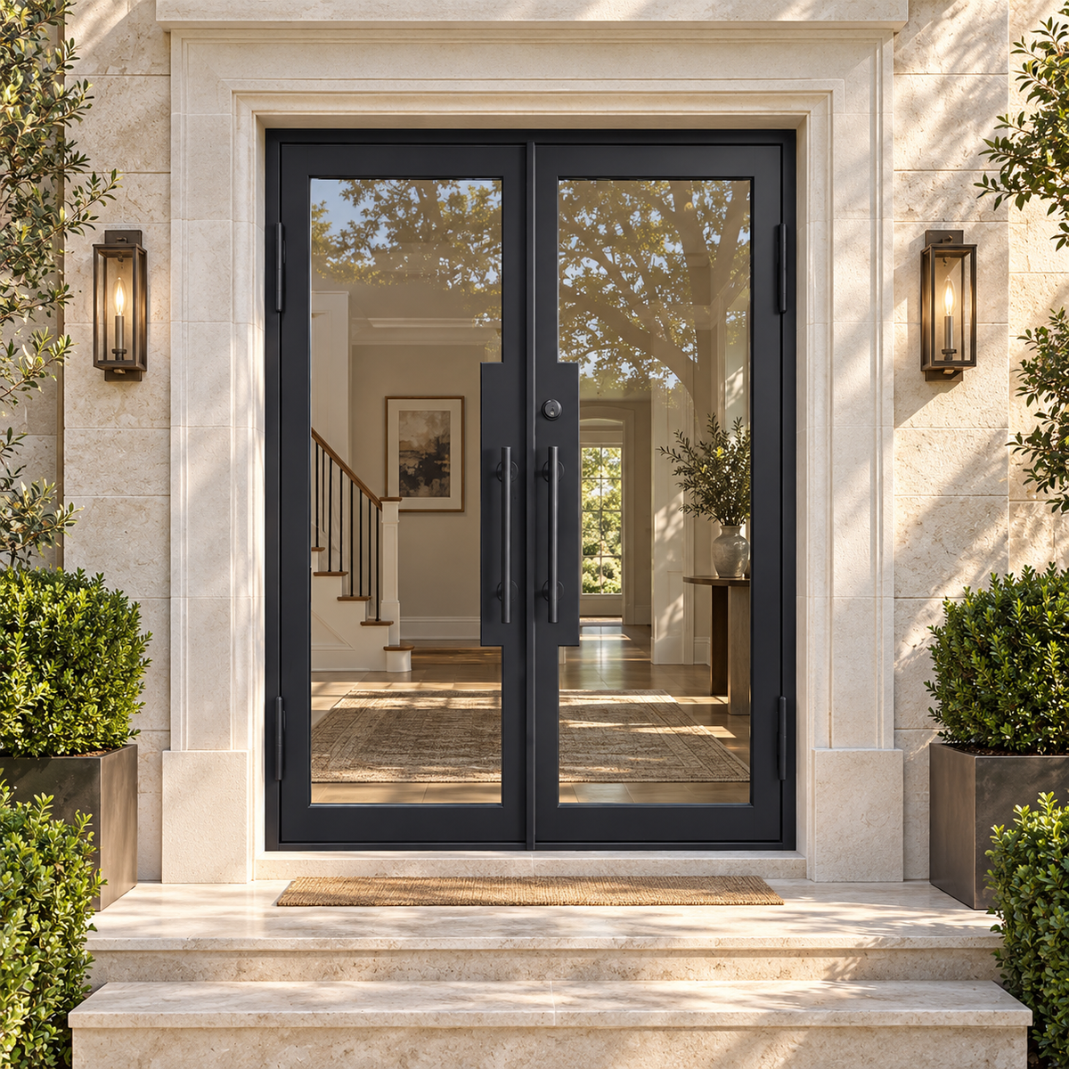 Clairmont Full Lite Double Iron French Door in a luxury limestone setting — design visualization