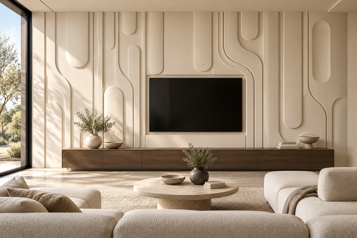 Contour Custom Architectural Wall Panels — TV/media wall with integrated cabinetry design concept