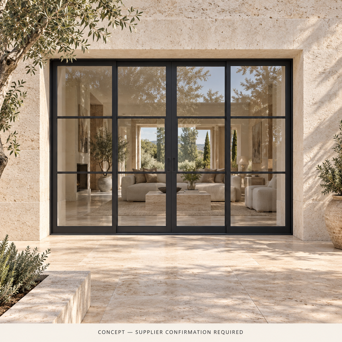 D036 pocket slider courtyard CONCEPT ONLY — supplier confirmation required; not verified construction.