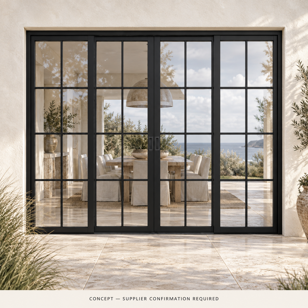 D038 32-pane pocket-slider coastal CONCEPT ONLY — supplier confirmation required; not verified construction.