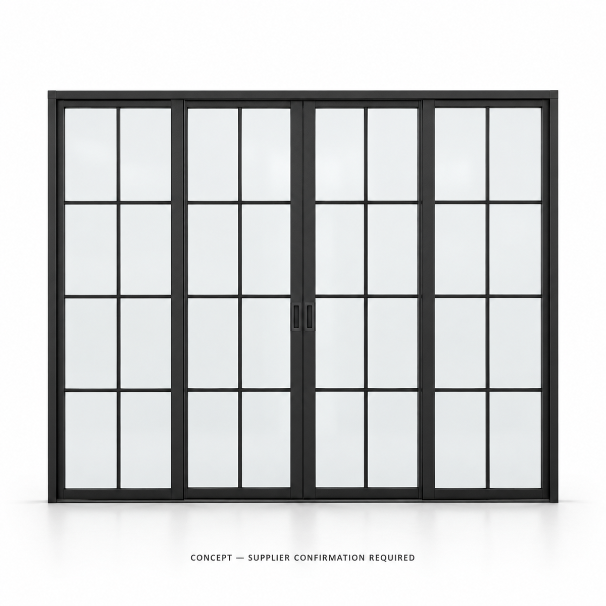 D038 32-pane pocket-slider studio CONCEPT ONLY — supplier confirmation required; not verified construction.