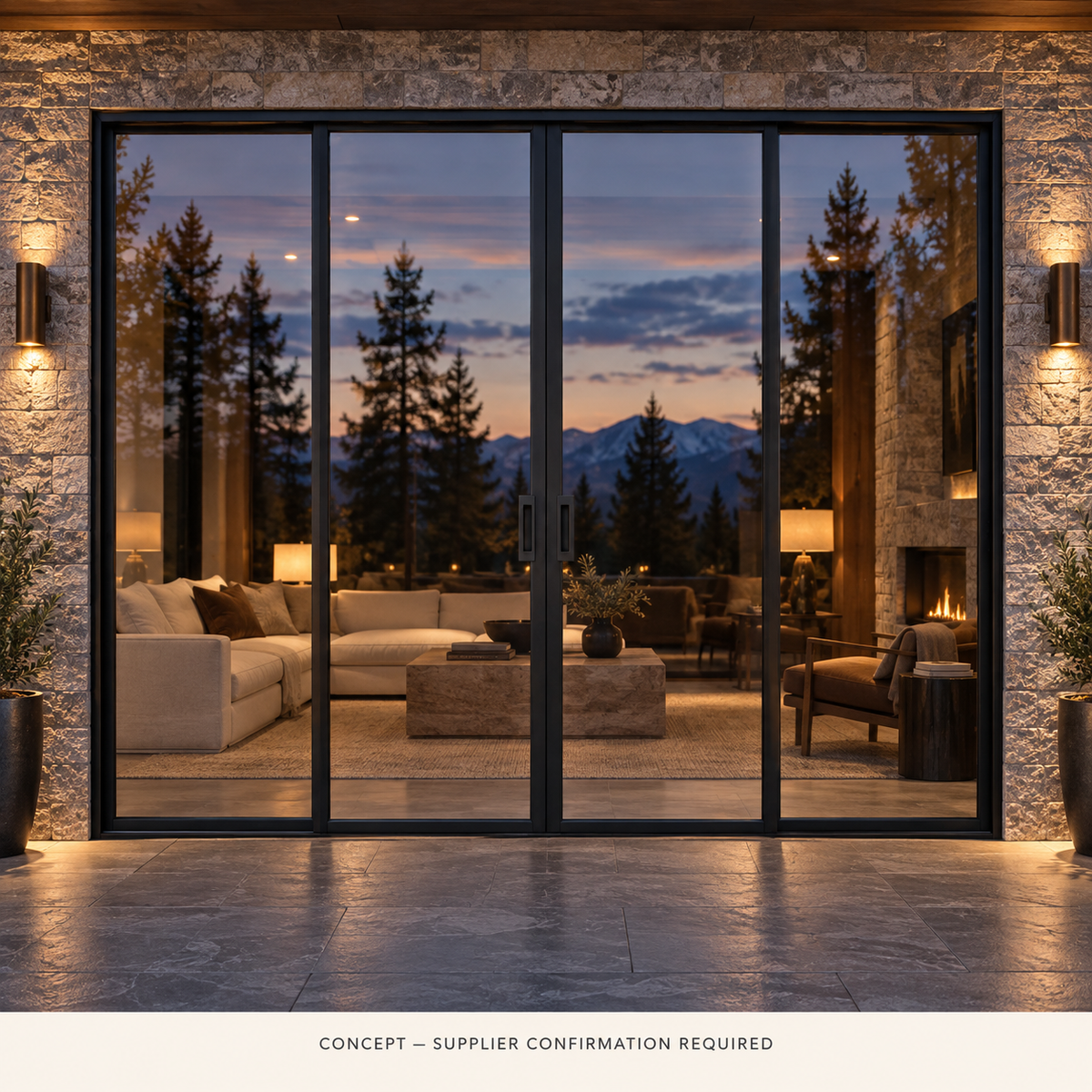 D040 full-lite pocket-slider evening CONCEPT ONLY — supplier confirmation required; not verified construction.
