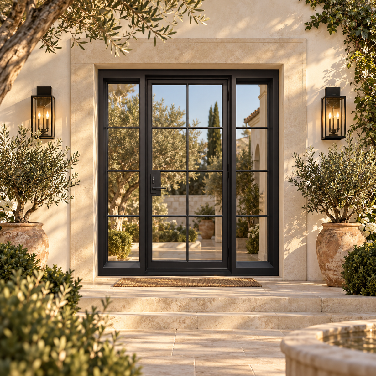Eastmere single iron French door with two sidelights in a luxury courtyard setting — design visualization