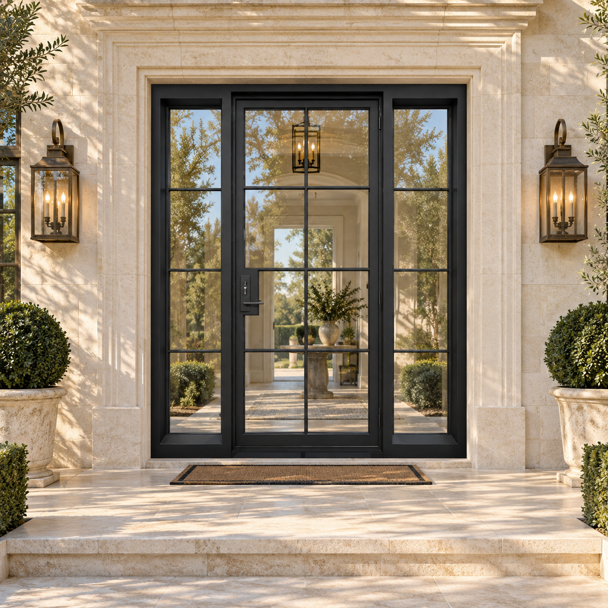 Eastmere single iron French door with two sidelights in a luxury limestone setting — design visualization