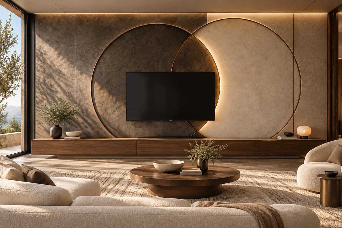 Eclipse Custom Architectural Wall Panels — TV/media wall with integrated cabinetry design concept