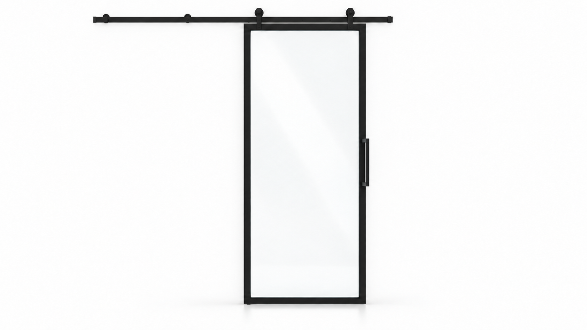 Full Lite interior steel barn door with included rectangular pull — studio