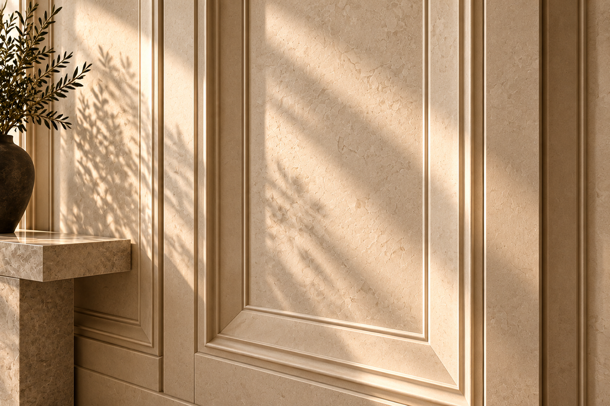 Galleria custom wall panels — foyer close-up detail design concept