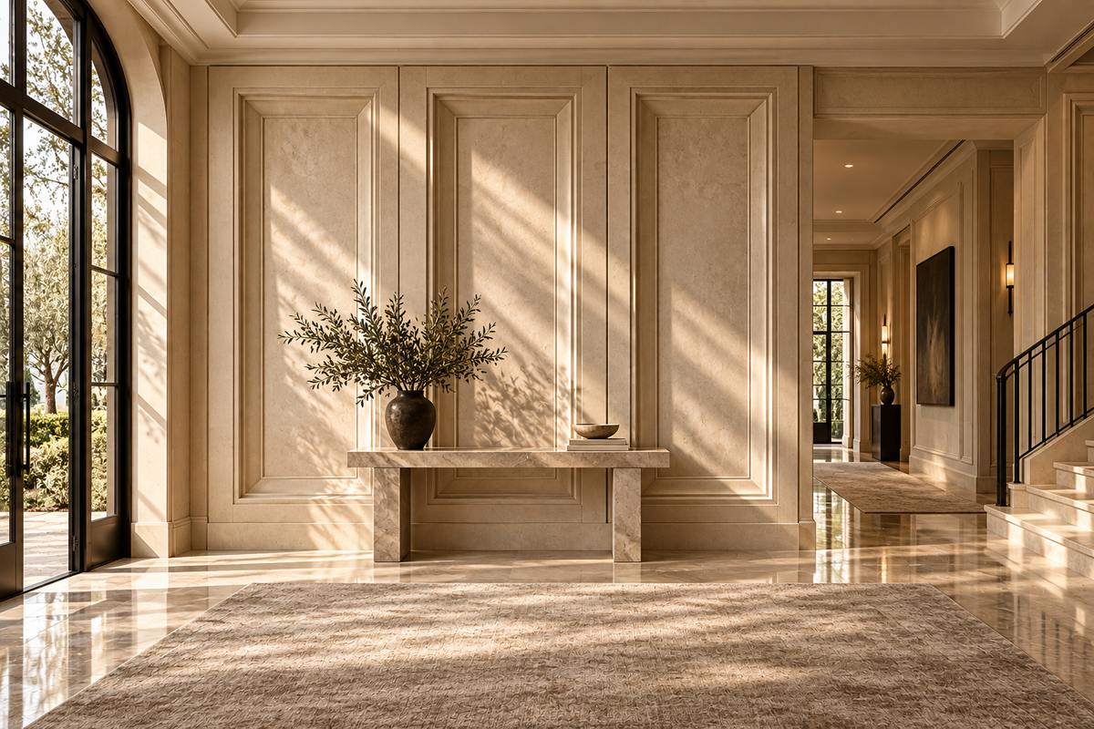 Galleria custom wall panels — foyer room view design concept